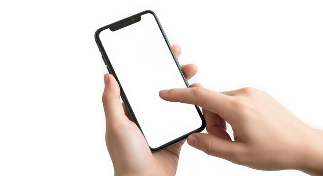 Close up of a person s hands holding and touching a modern smartphone with a blank white screen isolated on transparent background