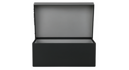 An open empty dark gray cardboard box with lid lifted revealing the interior isolated on transparent background