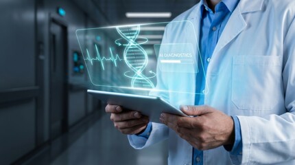 A doctor holding tablet with hologram of AI diagnostic, DNA, heartbeat, digital data, medical technology, healthcare interface, virtual analysis, futuristic health platform.