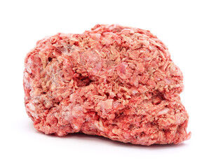 Frozen block of minced meat isolated on white background.