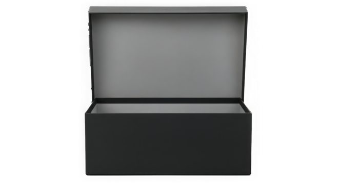 An open empty dark gray cardboard box with lid lifted revealing the interior isolated on transparent background