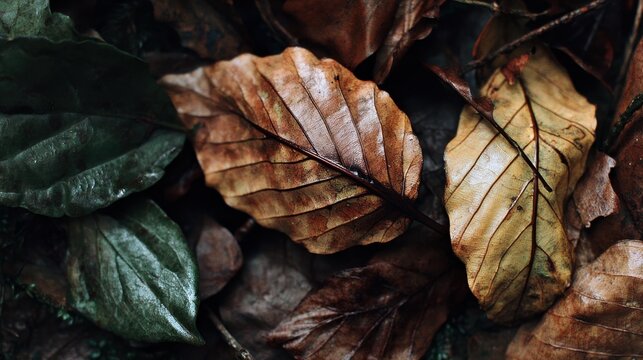 Detailed close-up view of autumn leaves showcasing an array of colors and textures in a forest floor setting, capturing the essence of seasonal change and nature's beauty