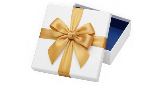 Elegant white gift box with a golden satin ribbon bow and an open lid revealing a blue interior isolated on transparent background