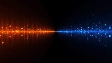 Abstract orange and blue digital wave technology background with glowing particles sparkling light