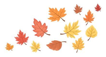 Obraz premium A vibrant display of autumn leaves in varying shades floating on a blank background