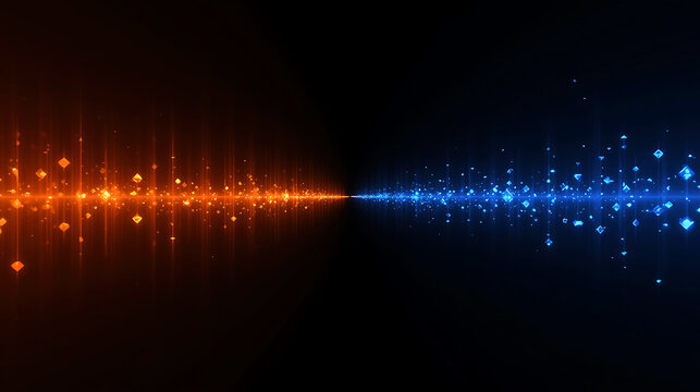 Abstract orange and blue digital wave technology background with glowing particles sparkling light