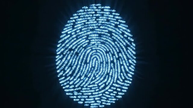 Futuristic digital fingerprint scan made of glowing blue code transforms into DNA helix. Concept of biometric security, identity and genetic data protection. - Powered by Adobe