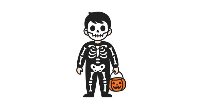 A joyful child dressed in a skeleton costume ready for trick or treating adventure - Powered by Adobe