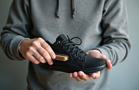 Man cleans black sneaker with brush. Person wears grey hoodie, carefully cares for footwear. Shoemaker polishes sport shoes, prepares for season. Shoe shine service, daily maintenance ritual. Clean