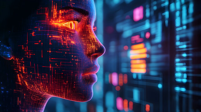 Futuristic digital portrait of a humanoid figure with glowing circuitry, set against a vibrant tech backdrop showcasing data streams