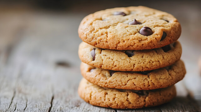 Freshly baked chocolate chip cookies stacked on a rustic wooden table, with a cozy kitchen ambiance in the background