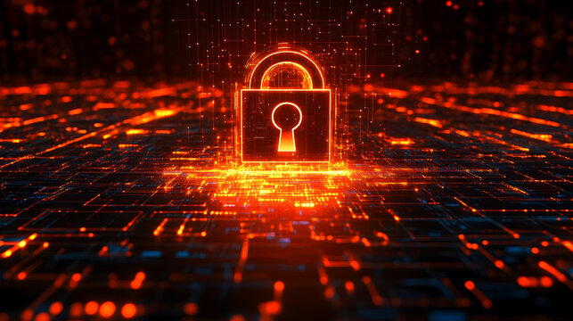 Digital lock symbolizing cybersecurity amidst a vibrant network of glowing data streams and binary code
