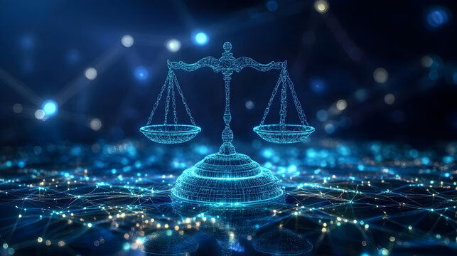 Digital representation of balanced scales symbolizing justice amidst a network of glowing connections and data points