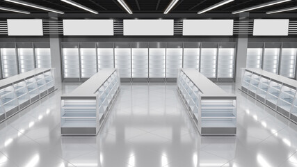 Shop interior with white slatwall gondola shelving rows, blank slatwall cabinets against the wall and wall banners. 3d illustration © Wire_man