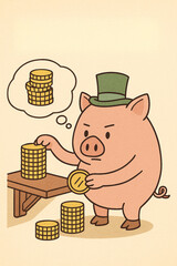 Pig Organizing Stacked Coins in Financial Illustration