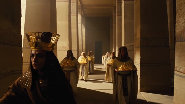 Regal Pharaoh in ancient Egyptian temple watching solemn procession of robed priests with golden sacred relics ceremonial atmosphere video footage