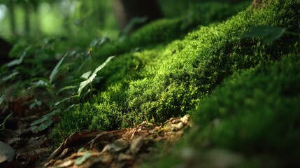 Fototapeta premium Lush Green Moss Carpet in Sunlit Forest Floor with Intricate Details and Soft Focus, Perfect for Nature and Landscape Photography