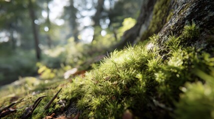 Lush Green Moss Growing on Forest Floor With Soft Light Creating a Serene and Tranquil Atmosphere in an Enchanted Natural Environment