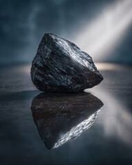 A Solitary Monolith Illuminated by a Dramatic Beam of Light and its Reflection.