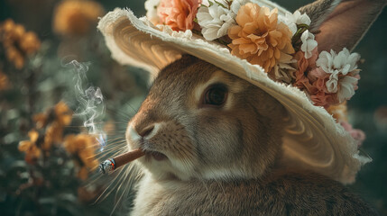 A rabbit with a floral hat smoking a cigar in a garden with flowers in the background