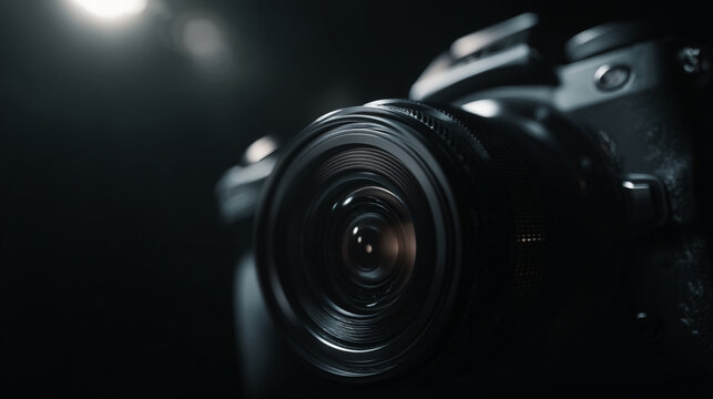 Close up shot of a camera lens with visible rings and dark background in low lighting