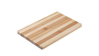Rectangular cutting board made of light and dark wood strips with rounded edges sits on a white background alpha channel