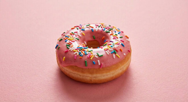 A golden-brown donut topped with glossy pink icing and vibrant rainbow sprinkles, centered on a matching pastel pink background