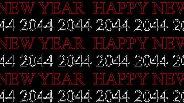 Repeating pattern of red and white text HAPYNEWYEAR and the year 2044 on a black background