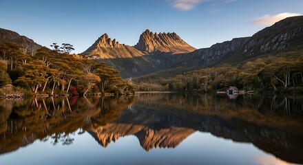 A serene landscape features a calm lake reflecting rugged, sunlit peaks. Autumnal trees frame the water. A small boathouse rests on the shore