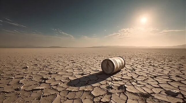 A lone metal barrel rests on parched, cracked earth under a bright, hot sun in a desolate desert landscape, symbolizing drought and environmental crisis.