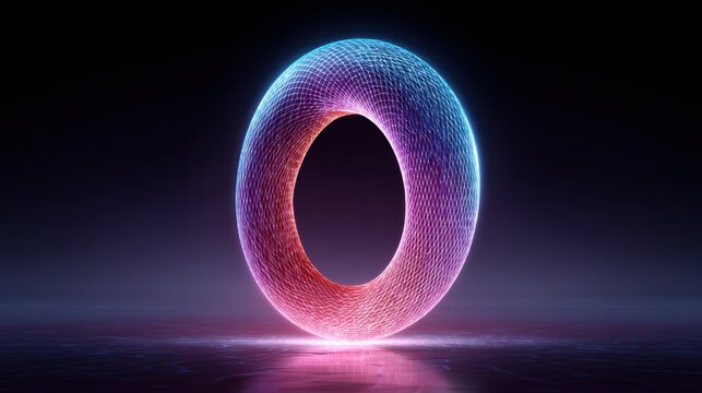 Abstract glowing ring with mesh structure in blue and pink hues, futuristic digital art, vibrant neon light, 3D illustration, dark background