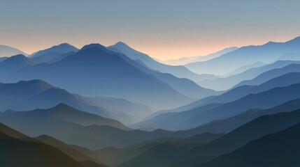Serene Landscape of Mountain Ranges at Dusk with Soft Hues and Gentle Gradients in the Sky and Subtle Fog Rolling Over the Peaks