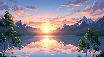 A serene landscape mirrors a vibrant sunset over a tranquil lake, framed by majestic snow-capped mountains and lush trees