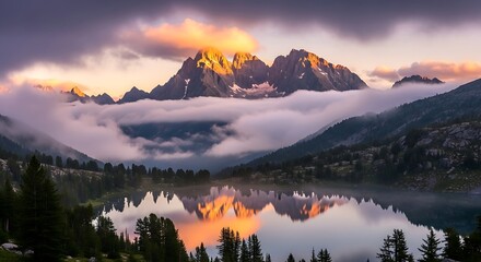 A serene landscape mirrors snow-capped peaks in a calm lake at dawn, enveloped by soft clouds with a warm, golden glow