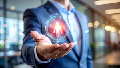Human Resources in Focus: A business professional showcases a holographic human figure representing the core of talent acquisition, illustrating a vision for future growth.