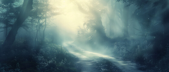 Misty Forest Path Leading Into Light &ndash; Spiritual Journey Concept