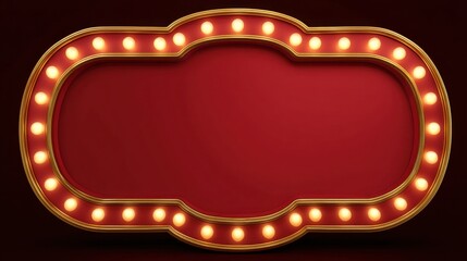 A vintage marquee sign is illuminated with bright bulbs featuring an empty space in the center for custom text. The background is a deep red enhancing the nostalgic feel of the display.