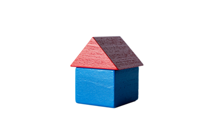 A blue cube topped with a red triangular prism creating a simple house shape against a stark white background alpha channel