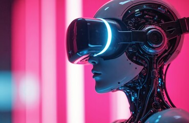 Humanoid robot wears VR headset, future tech, pink neon lights. Futuristic android face, cybernetic body, virtual reality immersion, AI interface concept.