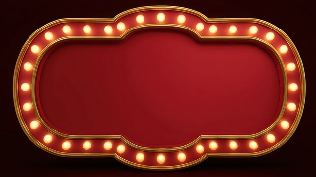 A vintage marquee sign is illuminated with bright bulbs featuring an empty space in the center for custom text. The background is a deep red enhancing the nostalgic feel of the display.