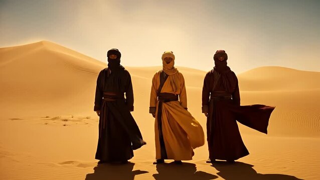 Three nomadic men wearing traditional robes stand in a sandy desert