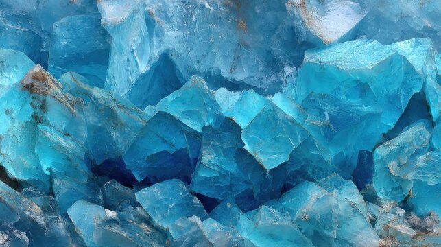 Close-up View of Blue Crystals with Intricate Details, Shimmering Light Effects, and Translucent Surface Patterns in Natural Formation