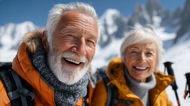 Energetic senior couple hiking in bright winter mountains, radiating vitality, resilience and joy in motion - concept of active aging and healthy senior lifestyle - Powered by Adobe