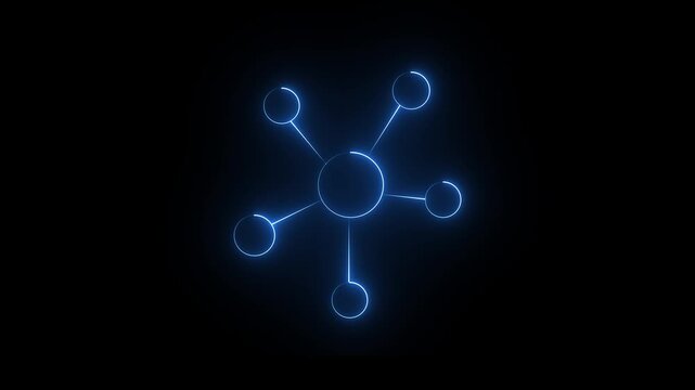 Glowing neon topology icon on black background. Animation of glowing neon Molecule model. Or global inter net connection icon animation.