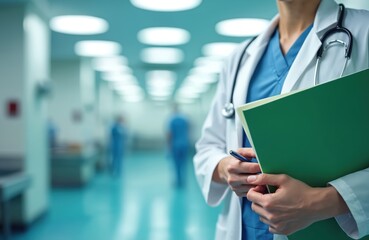 Medic holds chart in clinic hallway. Doctor wears stethoscope white coat in hospital. Person researches illness case in green folder. Health pro notes diagnosis in file.