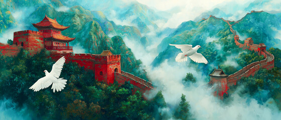 Great wall of china and doves flying through misty mountains landscape