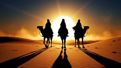 Three wise men ride camels across the desert sands at sunset