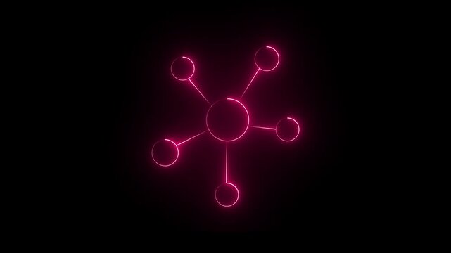 Glowing neon topology icon on black background. Animation of glowing neon Molecule model. Or global inter net connection icon animation.