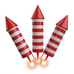 Red and White Striped Firework Rockets with Sparklers on White Background