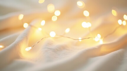 Warm fairy lights glowing on soft fabric with bokeh effect